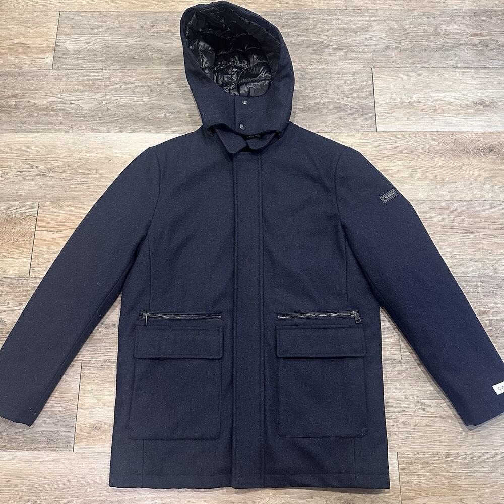 Calvin Klein Men’s Med Wool Duffle Navy Coat Jacket Removable Hood EUC - Picture 2 of 16